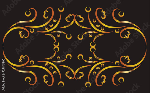 Fantasy illustration. Curls, flowers. Symmetrical ornament, applique, background with space for inscription. Gold gradient on a black background for printing on fabric, applique and cards.