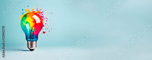 Creative concept light bulb explodes with colorful water colors on a light blue background. Think different, creative idea. Productivity and creativity. Banner, copy space.
