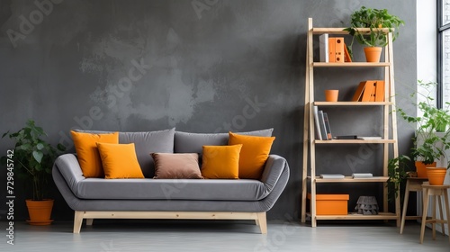 Modern living room with grey sofa, orange and white pillows, and concrete wall with shelves. Scandinavian home interior design concept.