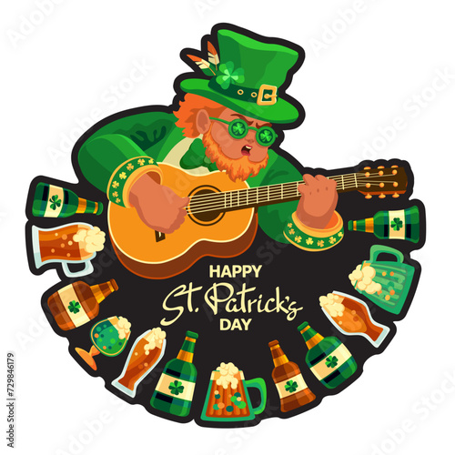 Happy Saint Patricks Day. Festive composition with a cute leprechaun, guitar, and beer on a black background. Hand-drawn lettering. Spring holiday March 17 Saint Patrick. Sticker. Vector illustration.
