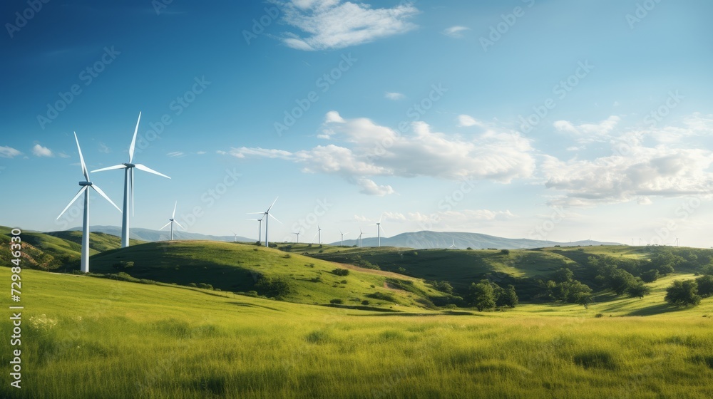 Wind turbines in field power plants amidst a green landscape on a sunny day. A source of alternative renewable electricity in nature.