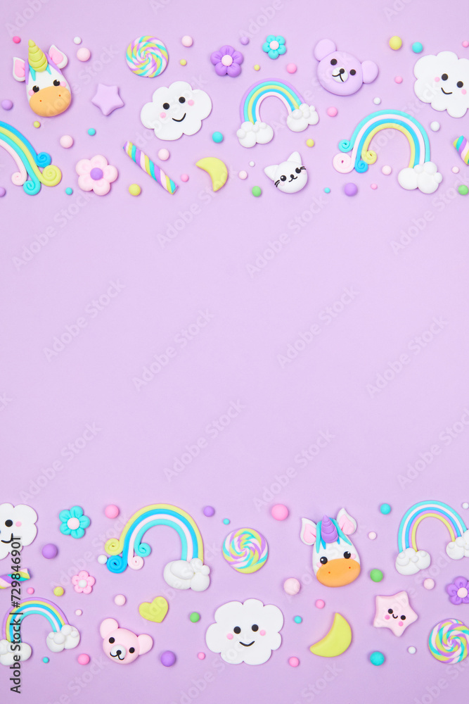 Trendy pastel purple kawaii banner background design template with cute air plasticine handmade cartoon animals, unicorns, stars, rainbows pattern. Top view, flat lay, copy space. Candycore, fairycore Trendy pastel purple kawaii banner background design template with cute air plasticine handmade cartoon animals, unicorns, stars, rainbows pattern. Top view, flat lay, copy space. Candycore, fairycore