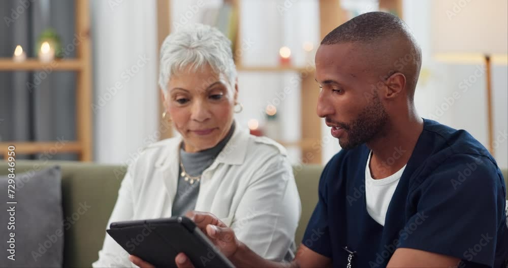 Elderly woman, man and tablet with nurse and patient for health and medical information or help with social media. Support, caregiver for senior care and technology, telehealth and how to work app