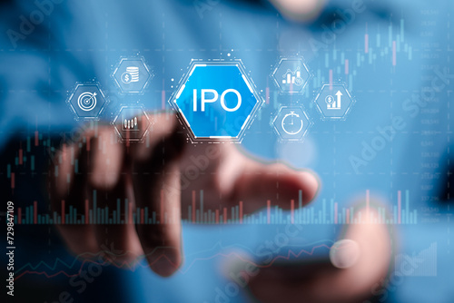 IPO, Initial public offering concept. Businessman touch virtual IPO word with stock graph for boosting the growth by IPO process.