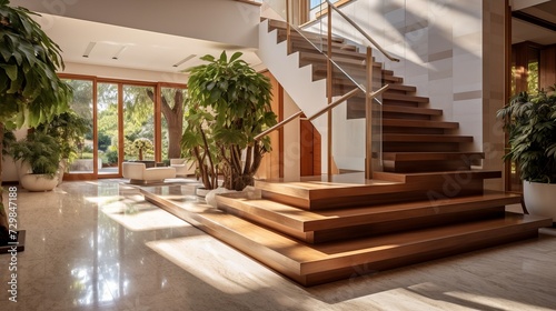 Spacious and elegant entrance hall with wooden staircase and white walls in a modern villa © Ameer