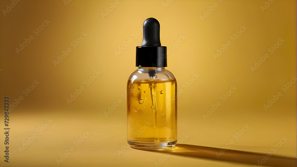 Golden yellow bubble oil or serum isolated on yellow background Golden yellow bubble oil or serum isolated on yellow background