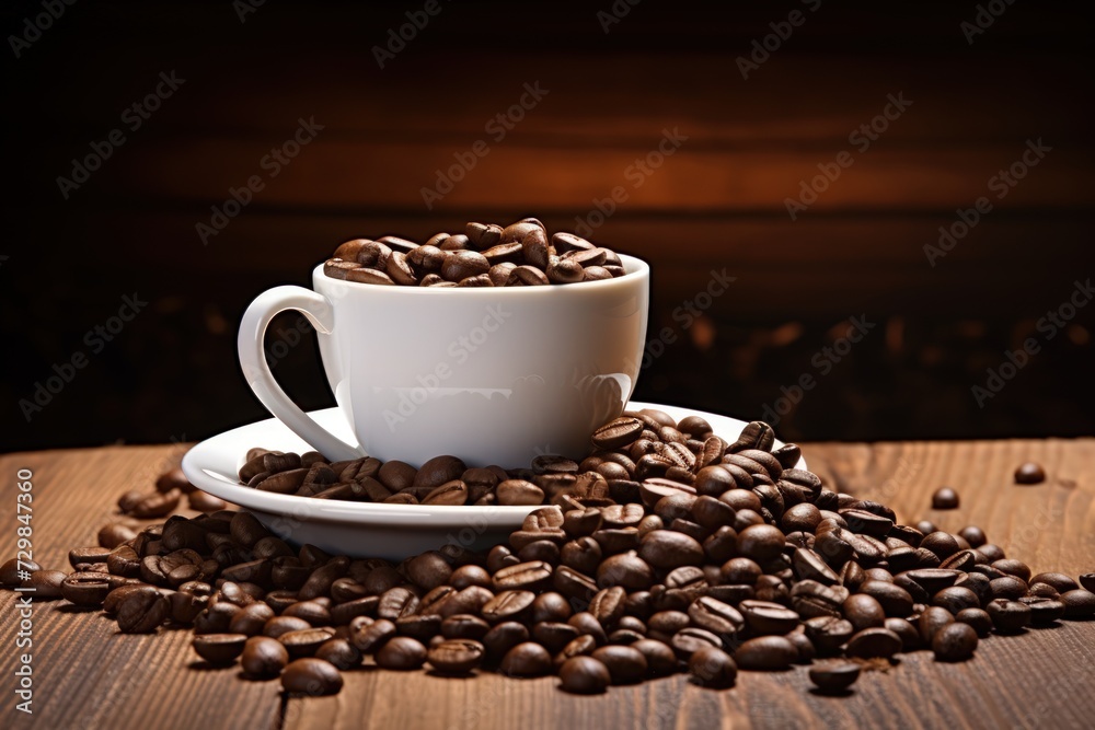 A white coffee cup full of coffee beans spilling out on a wood background A white coffee cup full of coffee beans spilling out on a wood background