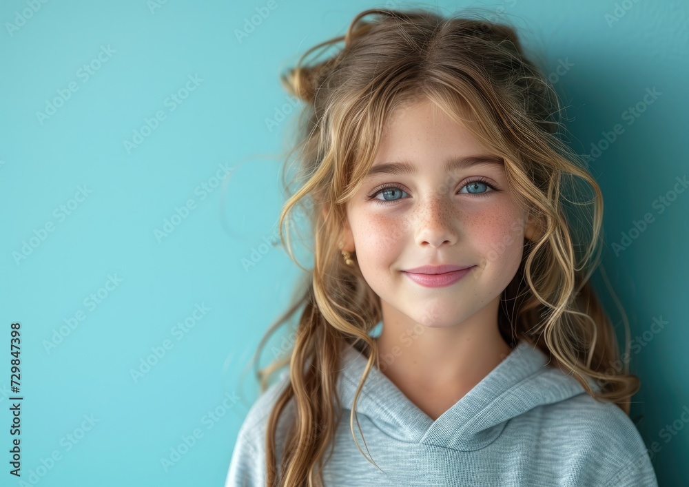 little caucasian girl with colorful sweatshirt in professional colorful photo studio background little caucasian girl with colorful sweatshirt in professional colorful photo studio background
