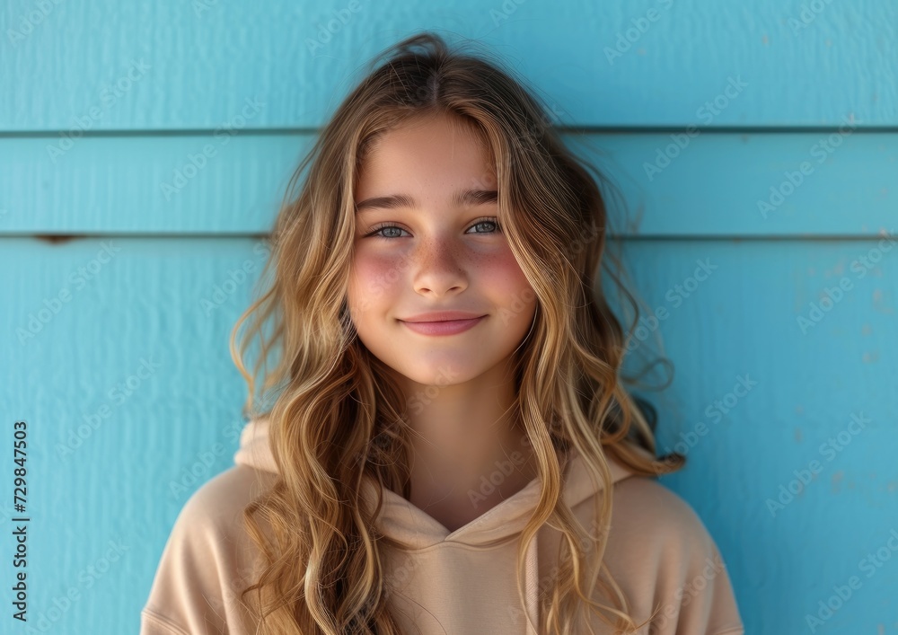 little caucasian girl with colorful sweatshirt in professional colorful photo studio background