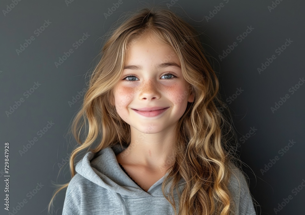Fototapeta premium little caucasian girl with colorful sweatshirt in black background