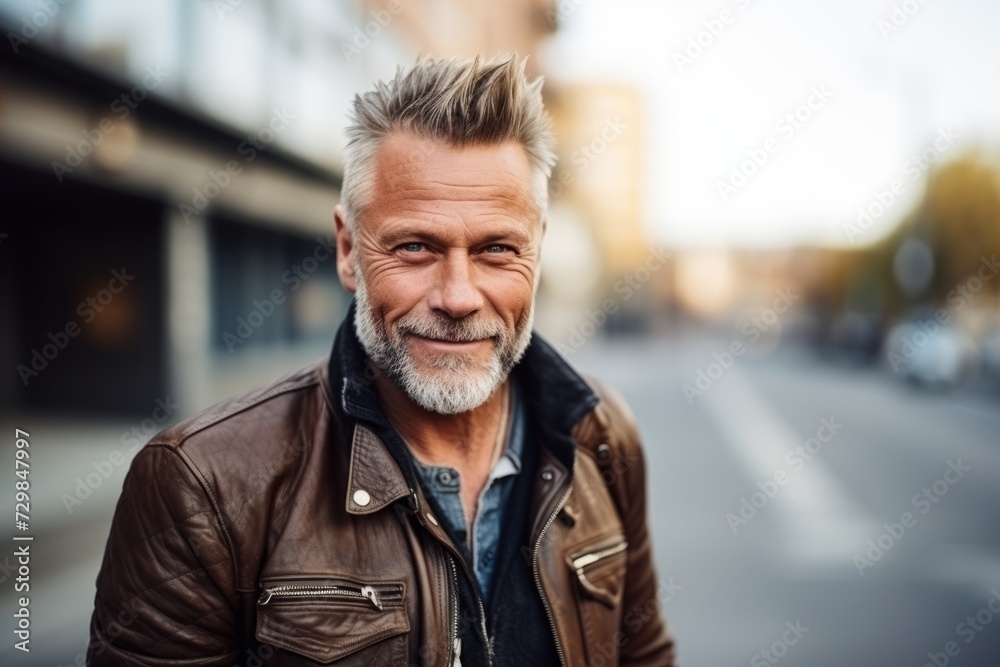 Portrait of a handsome mature man in urban background. Men's beauty, fashion.