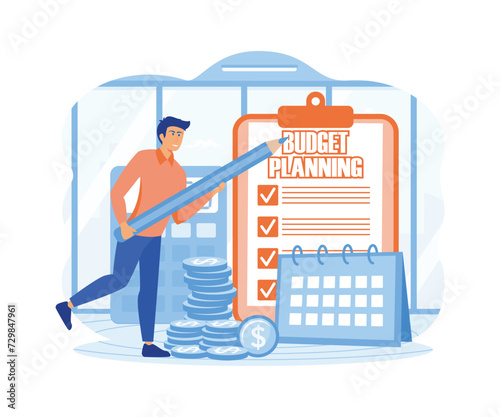 Tiny person planning budget. Man calculating tax and expenses, making financial checklist. flat vector modern illustration  © Alwie99d