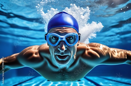 person in swimming pool. A 70-year-old man swimmer in a blue pool cap, blue pool goggles, swims deep underwater in a sports pool, underwater bubbles, sun  © Soul
