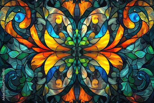 Colorful stained glass window abstract stained glass background art nouveau decoration for interior vintage pattern