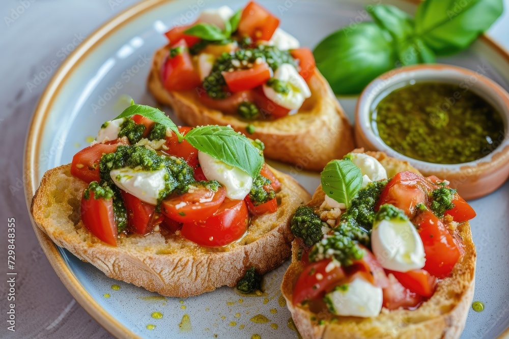 Bruschetta with tomatoes, mozzarella and basil Bruschetta with tomatoes, mozzarella and basil