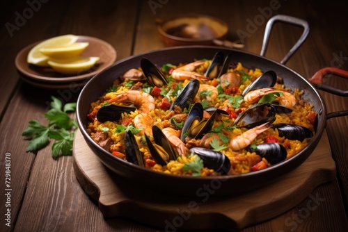 Delicious Spanish paella highlighting mussels and shrimps.
