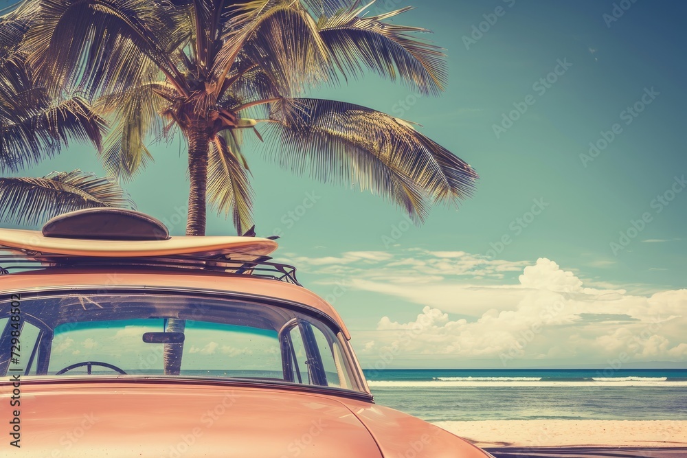 An old car parked on a tropical beach with a surfboard on the roof.