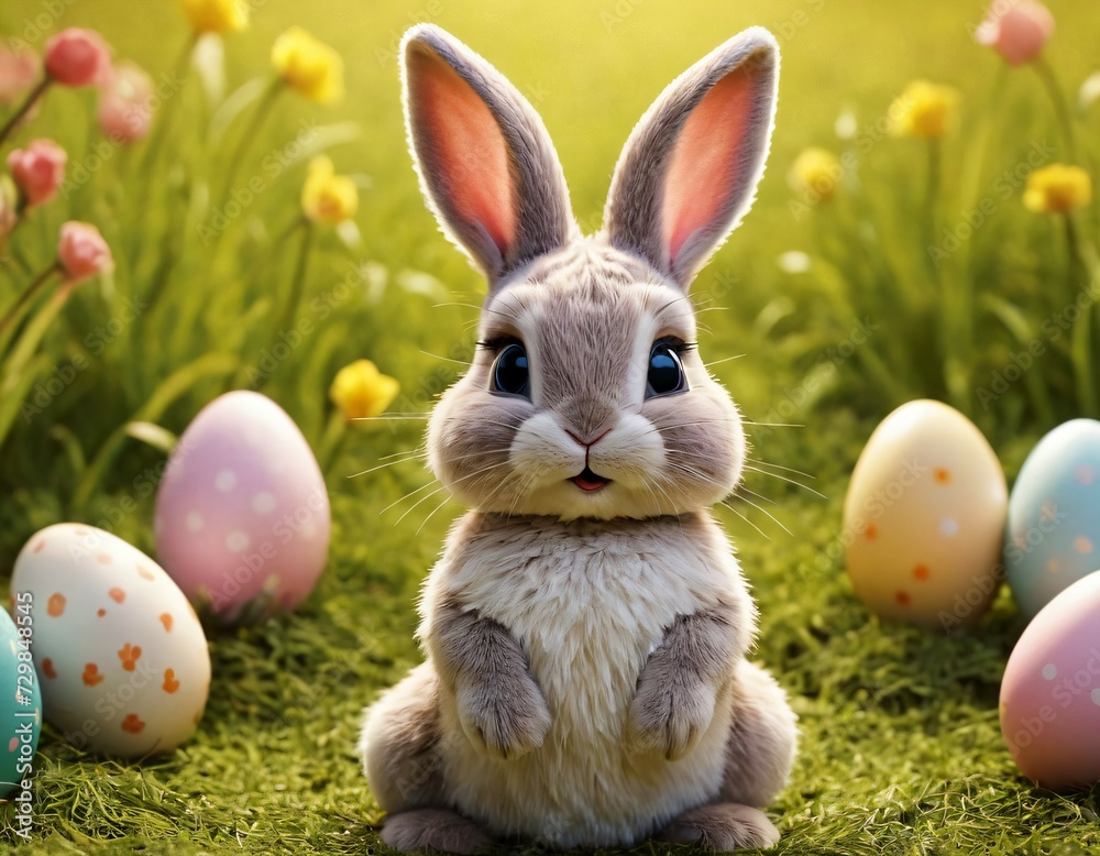 Cute easter bunny in basket and colorful easter eggs. Generative AI. Cute easter bunny in basket and colorful easter eggs. Generative AI.