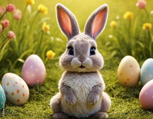 Cute easter bunny in basket and colorful easter eggs. Generative AI.