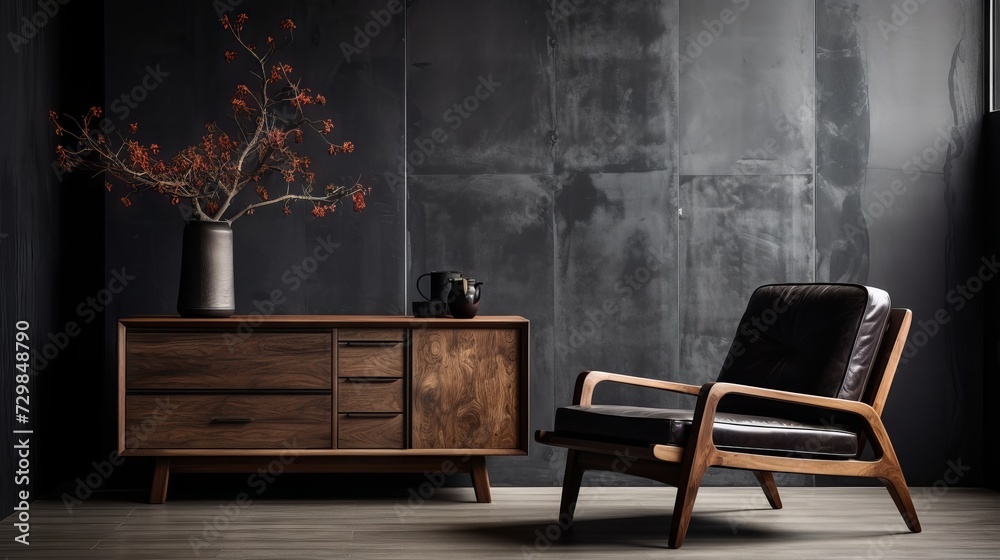 Modern living room with leather chair, wooden table, and stucco poster in Japanese style Modern living room with leather chair, wooden table, and stucco poster in Japanese style