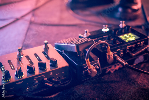 Closeup of bass pedalboard photo