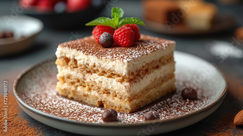 A slice of layered tiramisu topped with fresh berries on a plate, dusted with cocoa, with a blurred background.