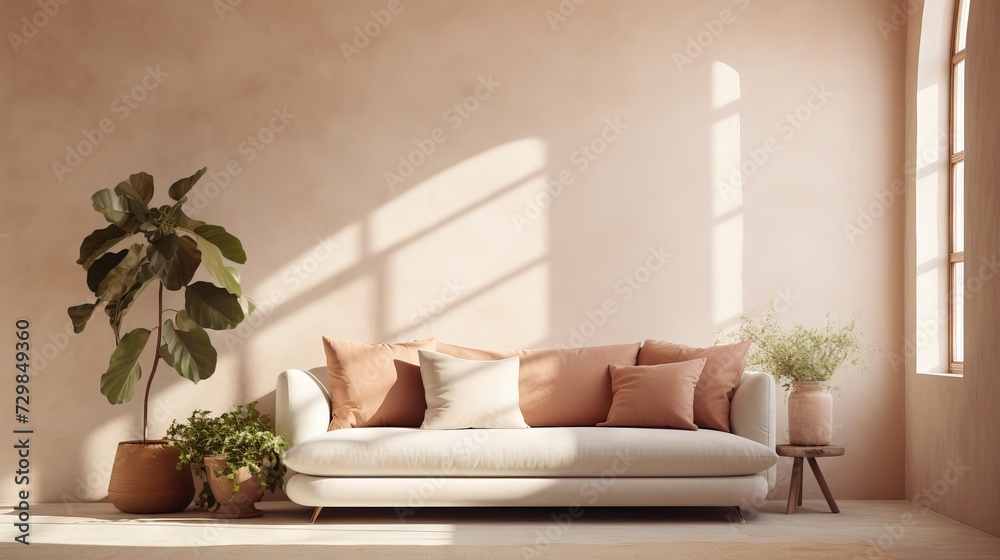 Modern and cozy loft living room with beige sofa, terra cotta pillows, and arched window