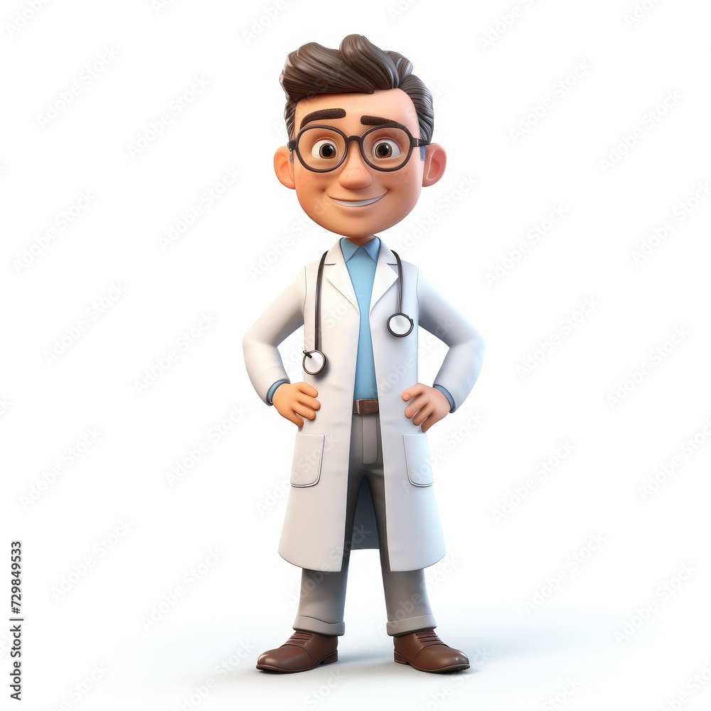 Doctor Cartoon Rendered in 3D on White Background