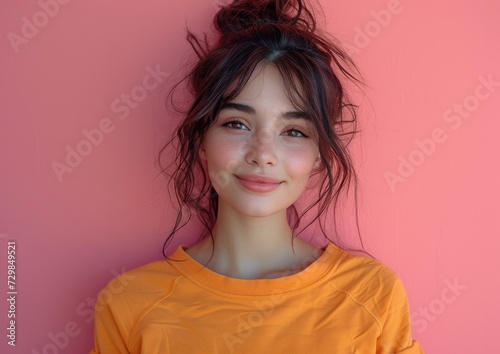 caucasian girl with colorful sweatshirt in professional colorful photo studio background