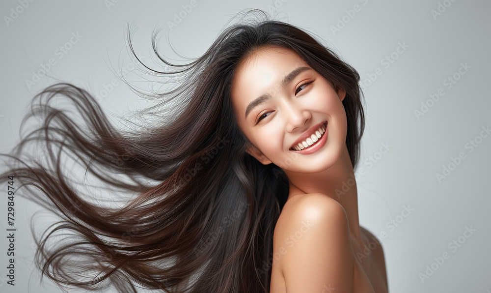 Portrait of a beautiful woman with a bright smile, hair is a beautiful black color, shampoo advertising concept Hair conditioner and cosmetic products,Generative AI