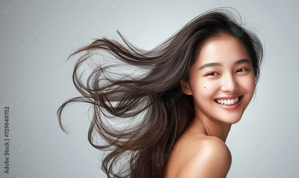 Portrait of a beautiful woman with a bright smile, hair is a beautiful black color, shampoo advertising concept Hair conditioner and cosmetic products,Generative AI Portrait of a beautiful woman with a bright smile, hair is a beautiful black color, shampoo advertising concept Hair conditioner and cosmetic products,Generative AI