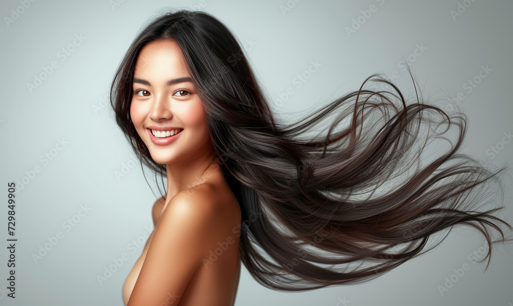 Portrait of a beautiful woman with a bright smile, hair is a beautiful black color, shampoo advertising concept Hair conditioner and cosmetic products,Generative AI Portrait of a beautiful woman with a bright smile, hair is a beautiful black color, shampoo advertising concept Hair conditioner and cosmetic products,Generative AI