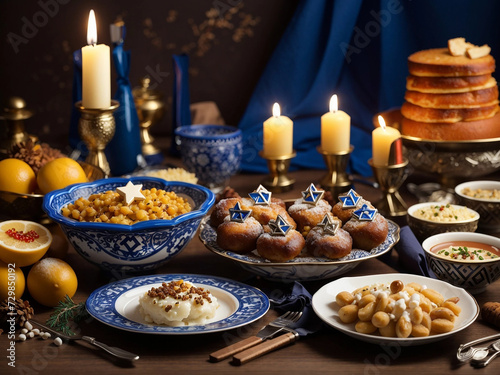 Delicious food prepared for jewish hanukkah celebration