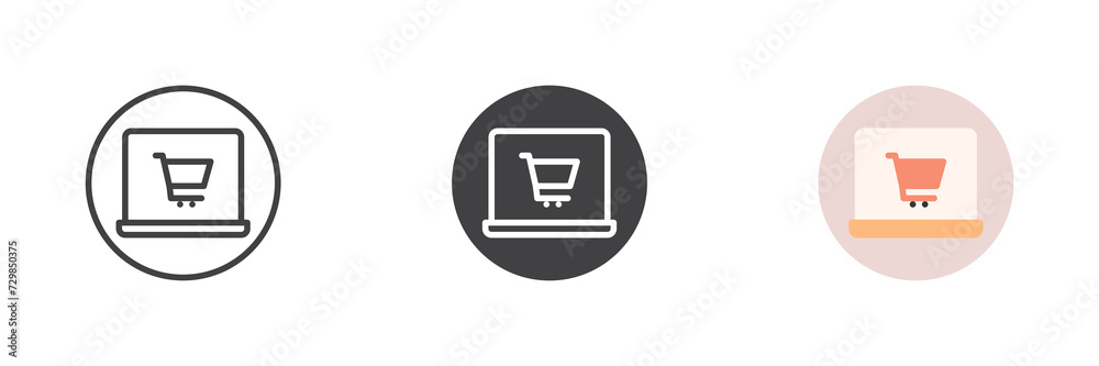 Laptop with shopping cart different style icon set Laptop with shopping cart different style icon set