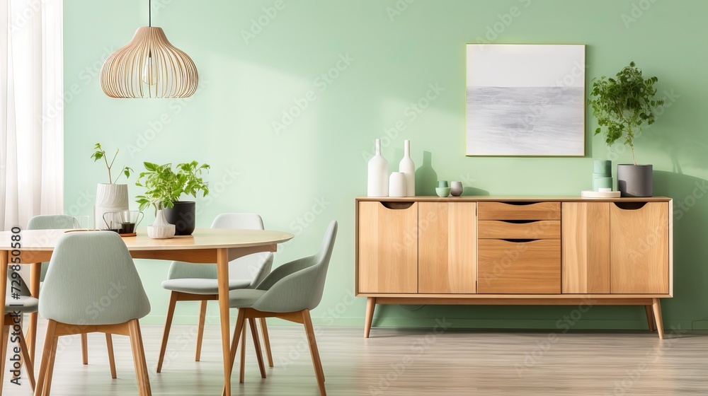 Mint chairs and wooden table in cozy living room with green wall and mid-century furniture Mint chairs and wooden table in cozy living room with green wall and mid-century furniture