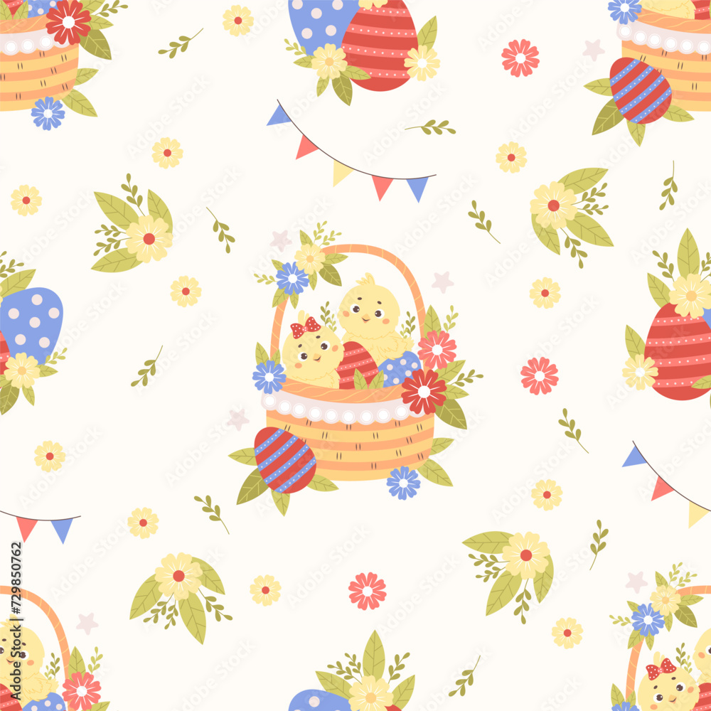 Seamless pattern with little cute chicks in Easter basket with eggs and flowers on white background. Vector illustration for paschal design, wallpaper, packaging, textile. Kids collection