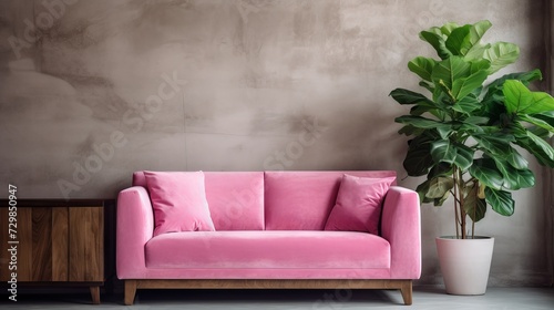 Pink velvet sofa and wooden furniture in cozy living room with venetian stucco wall