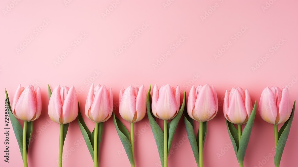 Pink tulips in row standing on a pink background