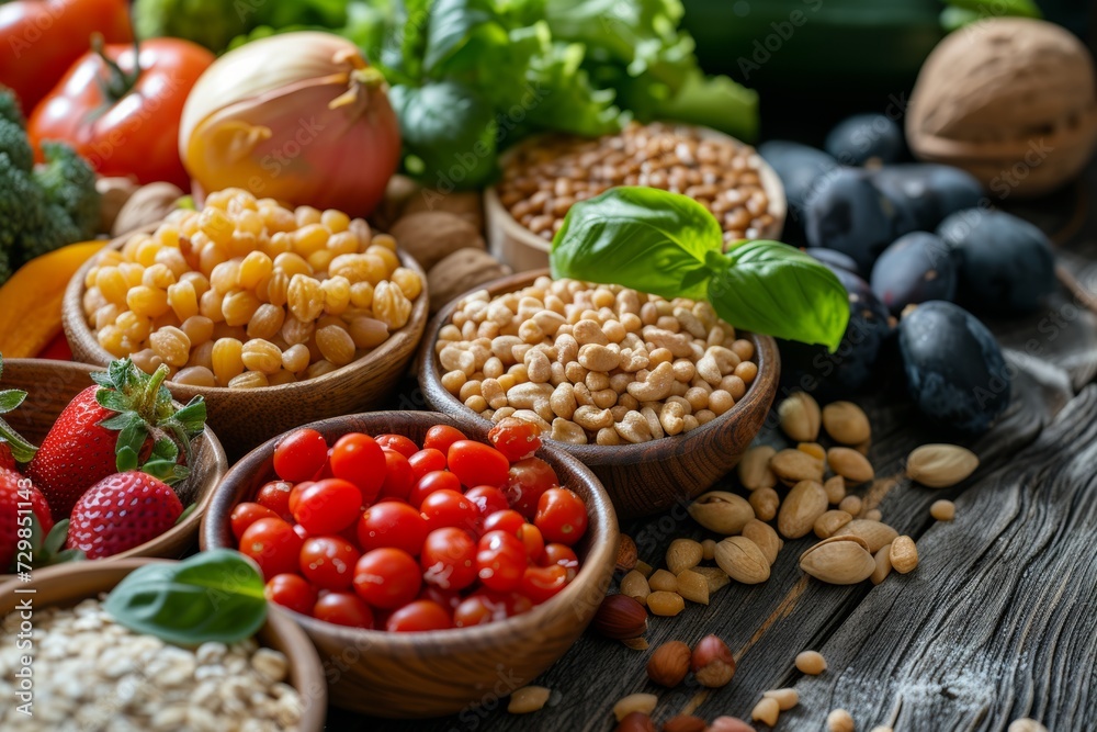 On a rustic wooden background, an assortment of nutritious foods such as fruits, vegetables, fish, and grains is displayed, promoting a balanced diet.