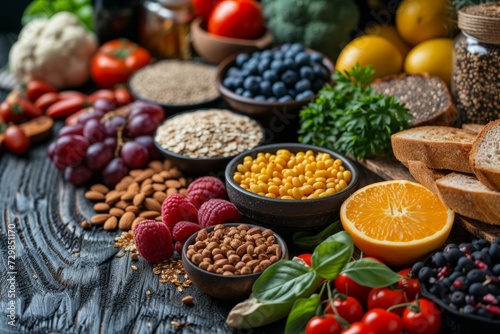 Fruits, vegetables, fish, and grains, all part of a nutritious food assortment, are presented on a rustic wooden background to promote a balanced diet