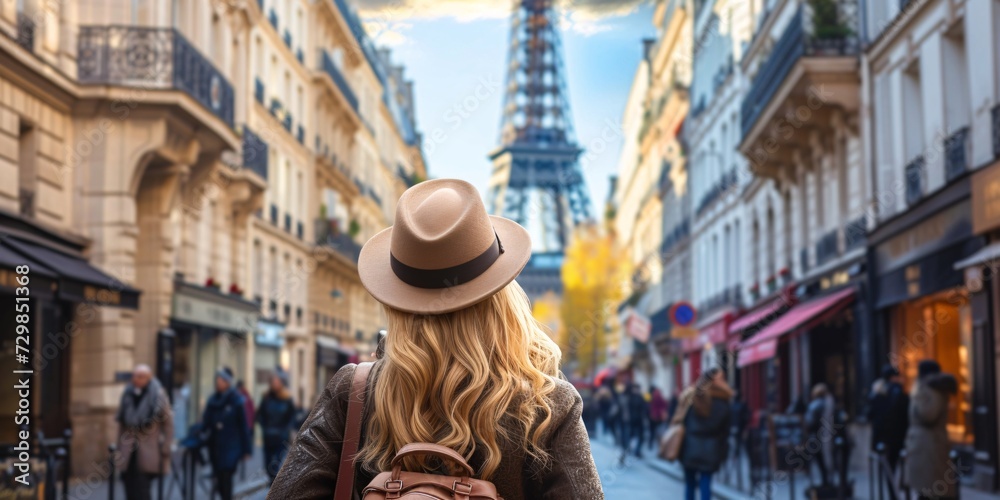 A woman traveler admiring urban scenery in a Parisian street.