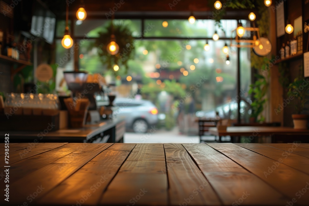 Empty wooden table with bistro cafe blur background. Generative AI Empty wooden table with bistro cafe blur background. Generative AI