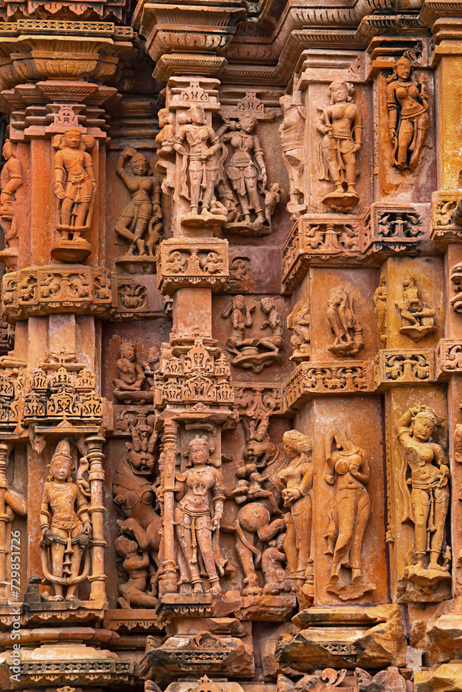 Beautiful Sculpture of Hindu deities on the Sun Temple of Jhalarapatan, Rajasthan, India.