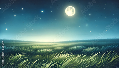 Starry Pastures: A tranquil night scene in a lush green field, inviting kids into a world of peaceful dreams. Generative AI.