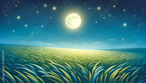 Glowing Meadow: An idyllic and softly lit nighttime landscape, capturing the essence of children's storybook settings. Generative AI.