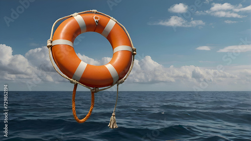 An orange lifebuoy floats on the open sea, symbolizing safety and hope under the vast sky