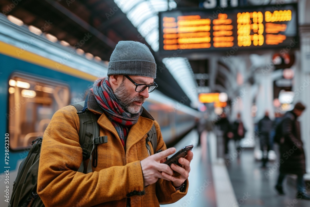 Man utilizing mobile app on his cell phone at train terminal for work trip. Man utilizing mobile app on his cell phone at train terminal for work trip.