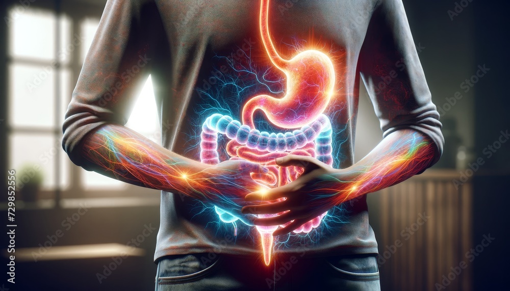 a person standing with a transparent human digestive system shining in bright colors a sign of problems in the stomach, stomach acid - obrazy, fototapety, plakaty 