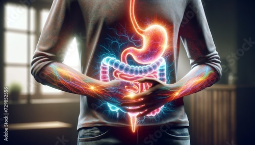 a person standing with a transparent human digestive system shining in bright colors a sign of problems in the stomach, stomach acid photo
