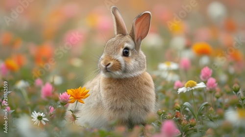 Happy Easter holiday celebration banner greeting card background - Easter bunny rabbit on fresh meadow with spring flowers